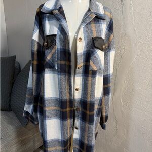 SHEIN Plaid Shacket Blue Cream Mustard Oversized Shirt Jacket Size L